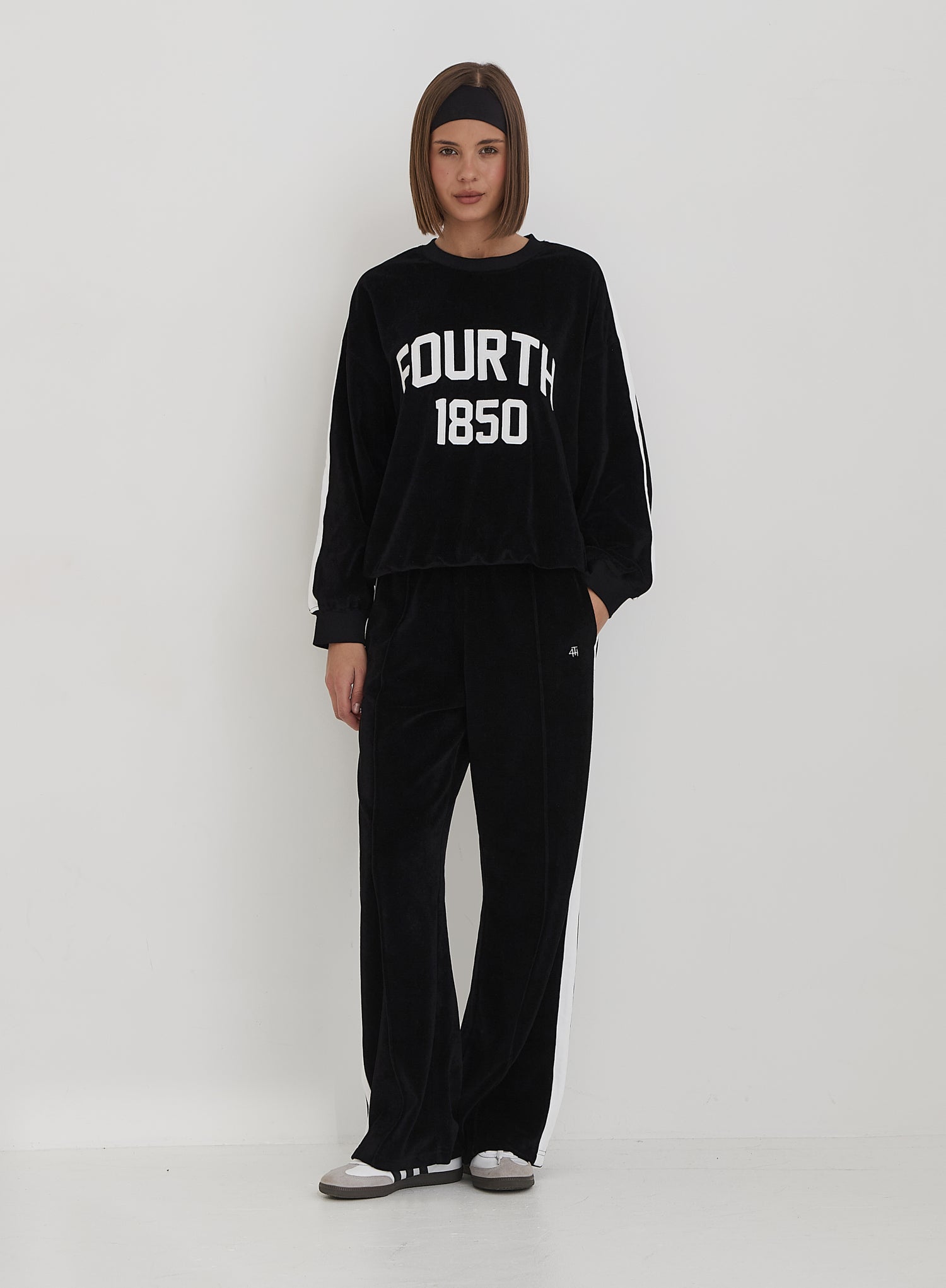 Black Velour Constrast Stripe Wide Leg Jogger